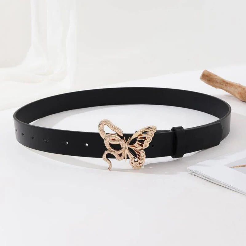 Sinuous Snake & Delicate Butterfly Buckle Black Leather Belt - Image 3
