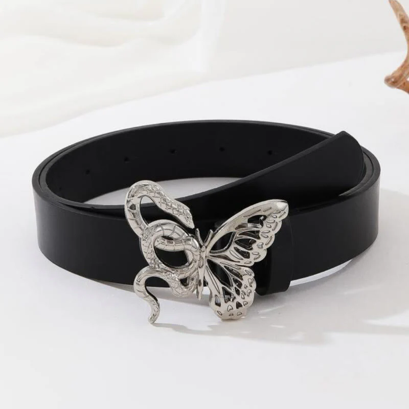 Sinuous Snake & Delicate Butterfly Buckle Black Leather Belt - Image 4