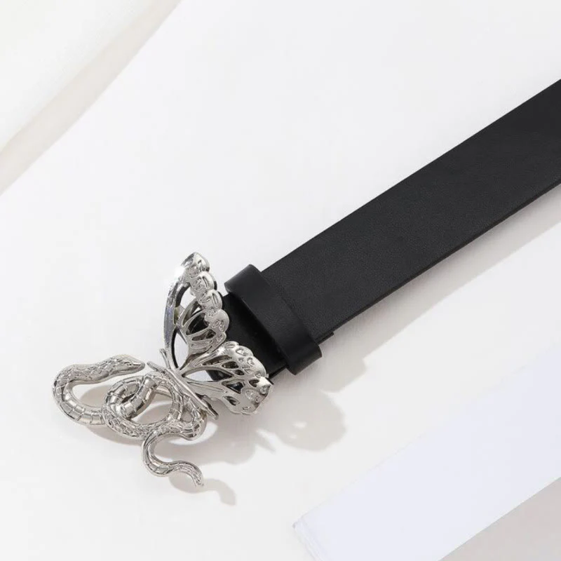 Sinuous Snake & Delicate Butterfly Buckle Black Leather Belt - Image 5