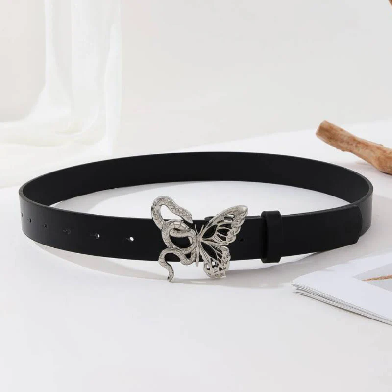 Sinuous Snake & Delicate Butterfly Buckle Black Leather Belt - Image 6