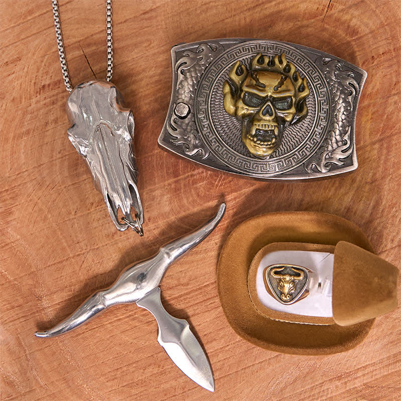 Skull DIY Hidden Knife Belt Buckle Longhorn Pendant Bull Ring Bundle Set - Image 2