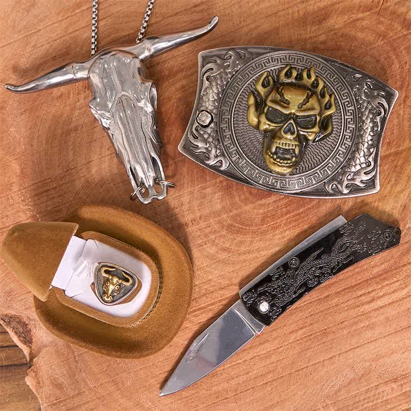 Skull DIY Hidden Knife Belt Buckle Longhorn Pendant Bull Ring Bundle Set - Image 3