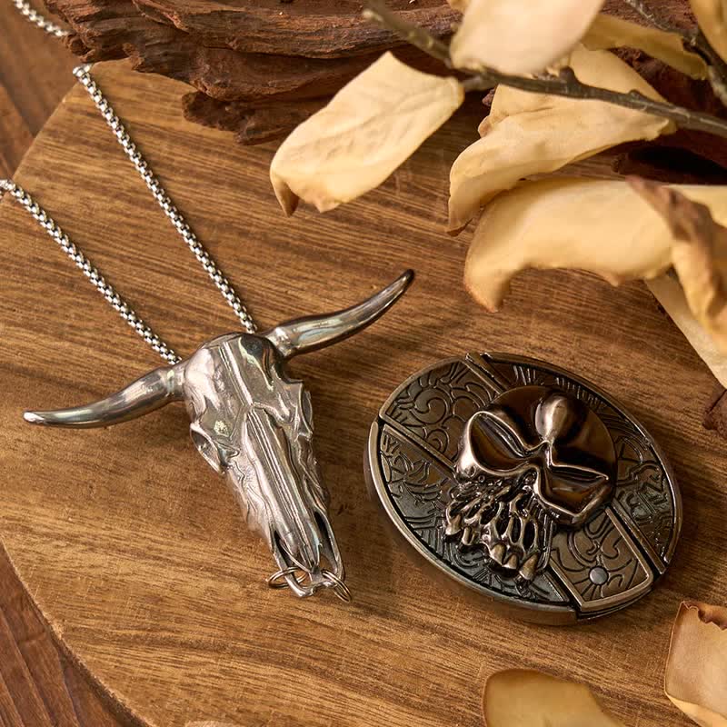 Skull DIY Hidden Knife Belt Buckle Longhorn Pendant Cow Bolo Tie Bundle Set - Image 2