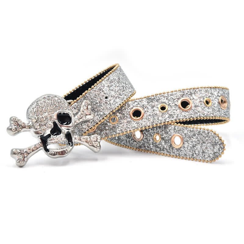 Skull Head Buckle Gold Bead Brim Sequin Leather Belt - Image 10