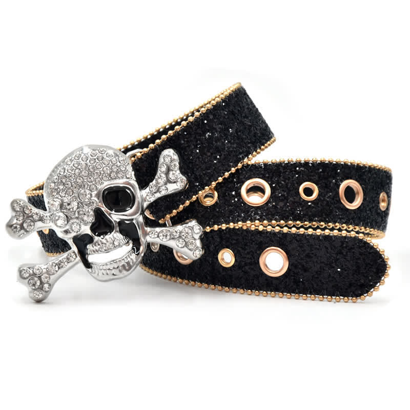 Skull Head Buckle Gold Bead Brim Sequin Leather Belt - Image 3