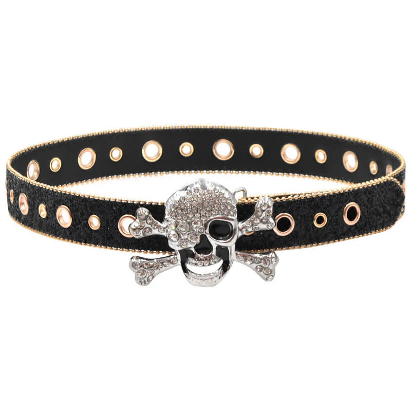 Skull Head Buckle Gold Bead Brim Sequin Leather Belt - Image 4