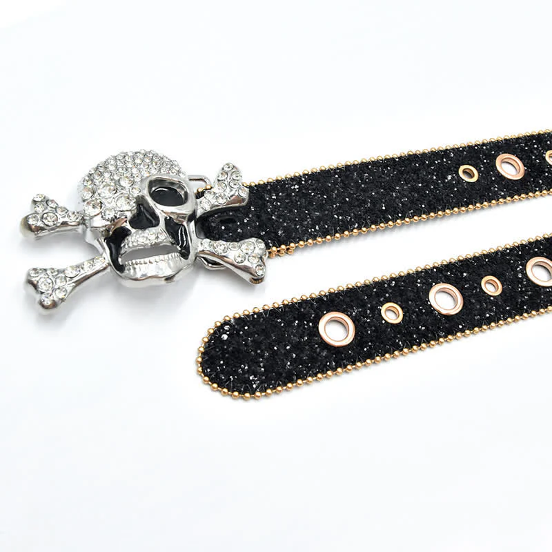 Skull Head Buckle Gold Bead Brim Sequin Leather Belt - Image 5