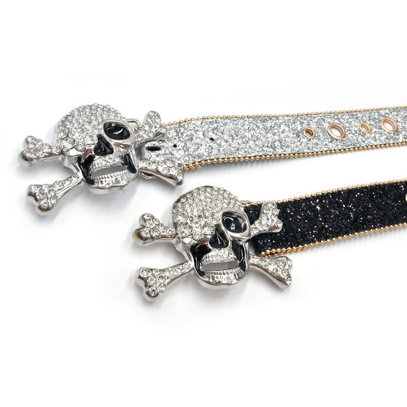 Skull Head Buckle Gold Bead Brim Sequin Leather Belt - Image 6