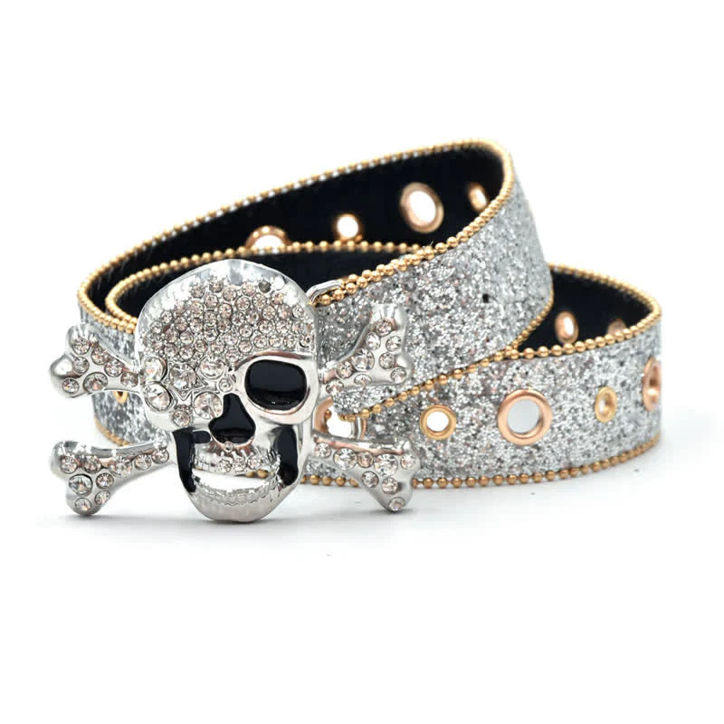 Skull Head Buckle Gold Bead Brim Sequin Leather Belt - Image 7