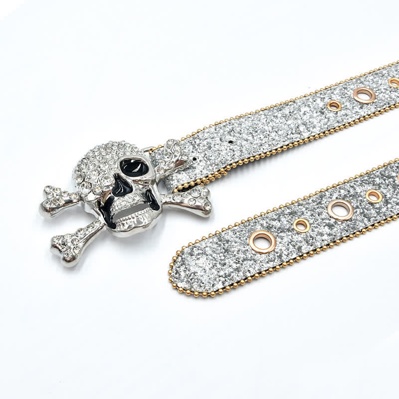 Skull Head Buckle Gold Bead Brim Sequin Leather Belt - Image 8