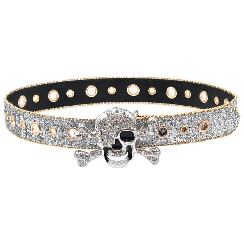 Skull Head Buckle Gold Bead Brim Sequin Leather Belt - Image 9