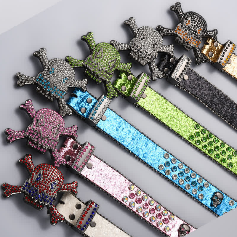 Skull Head Crystal Rhinestone Studded Leather Belt - Image 2