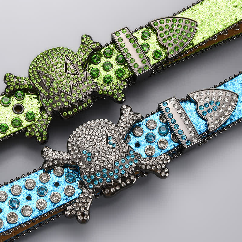 Skull Head Crystal Rhinestone Studded Leather Belt - Image 3