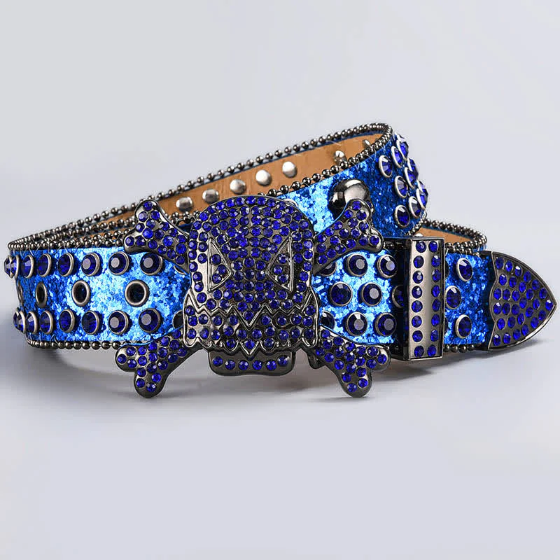 Skull Head Crystal Rhinestone Studded Leather Belt - Image 8