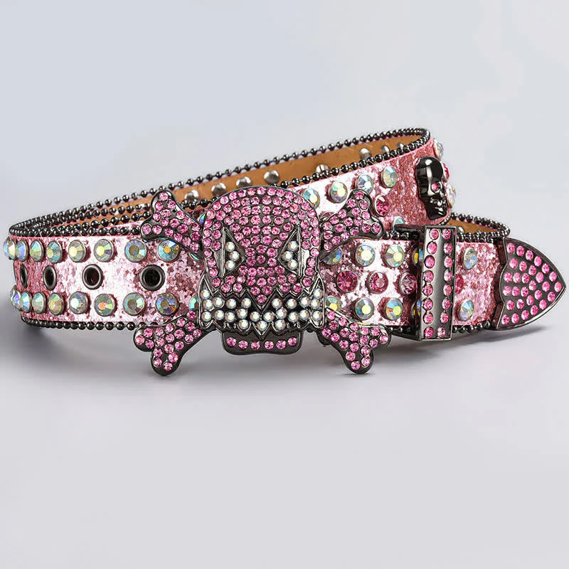 Skull Head Crystal Rhinestone Studded Leather Belt - Image 9