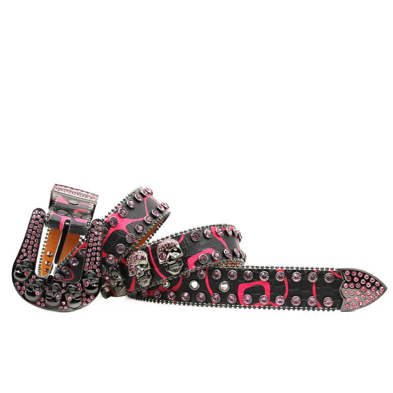 Skull Inlaid Design Rhinestone Rivet Leather Belt - Image 2