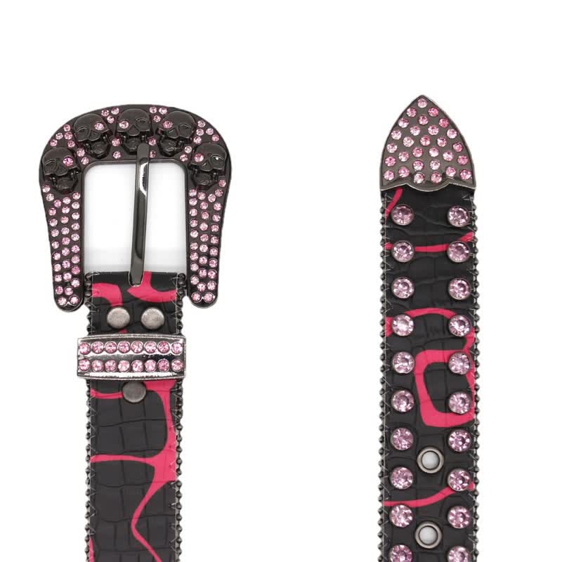 Skull Inlaid Design Rhinestone Rivet Leather Belt - Image 5