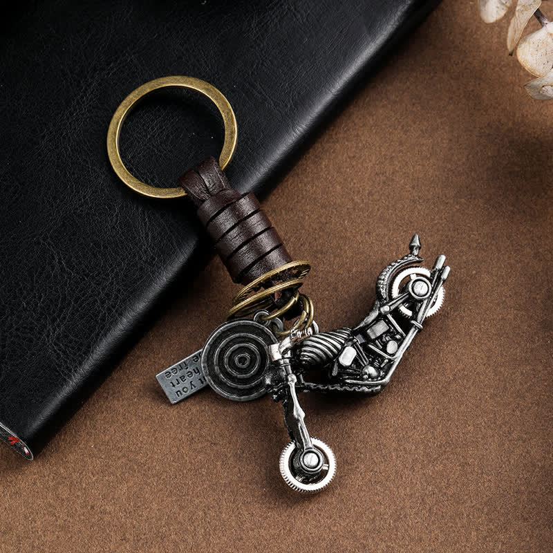 Skull Motorcycle Skeleton Pendant Leather Keychain - Image 3