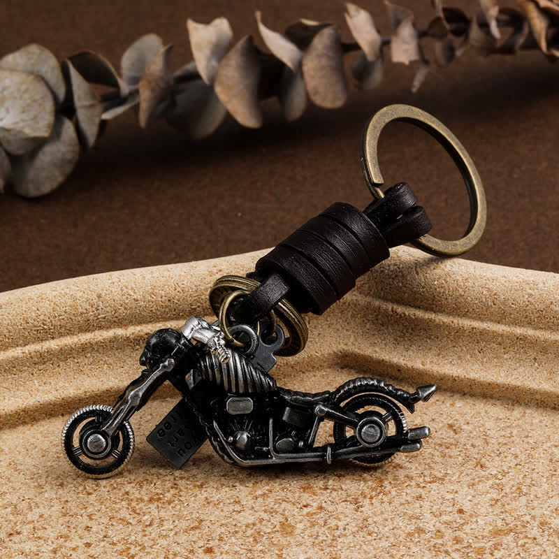 Skull Motorcycle Skeleton Pendant Leather Keychain - Image 4