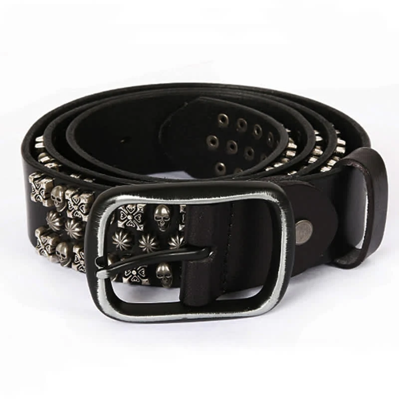 Skulls & Crossbones Three Row Stud Leather Belt - Image 3