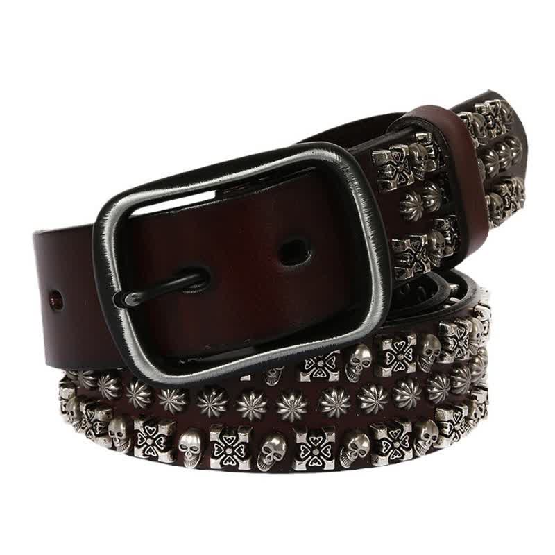 Skulls & Crossbones Three Row Stud Leather Belt - Image 8