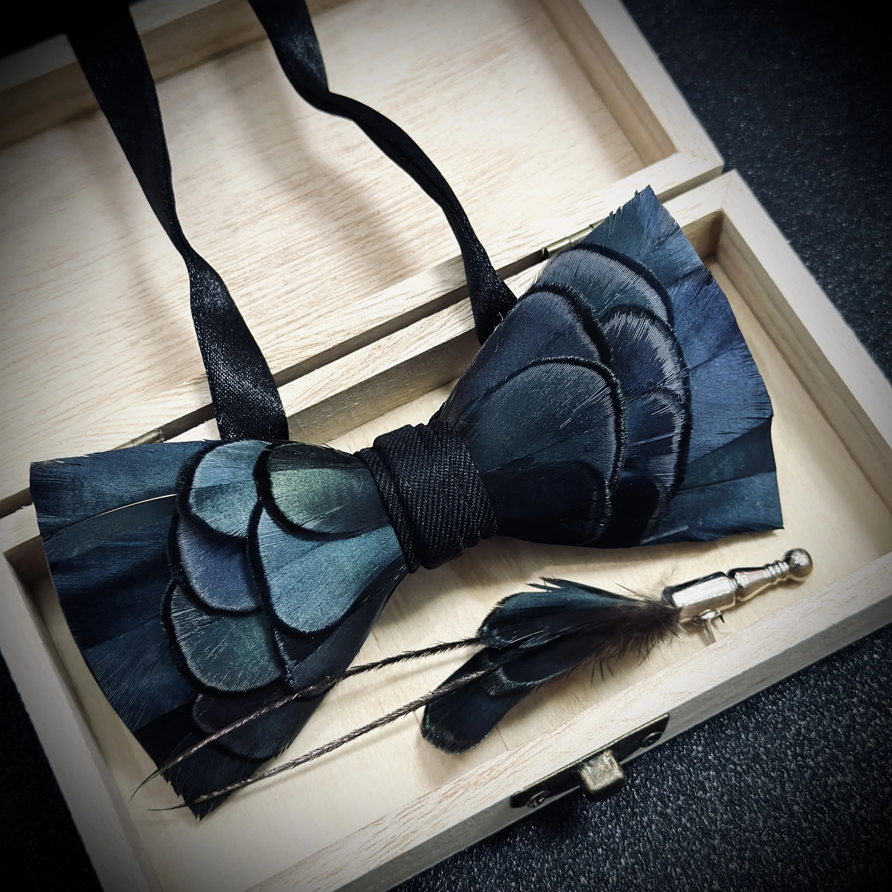 Slate Blue Feather Bow Tie with Lapel Pin - Image 4