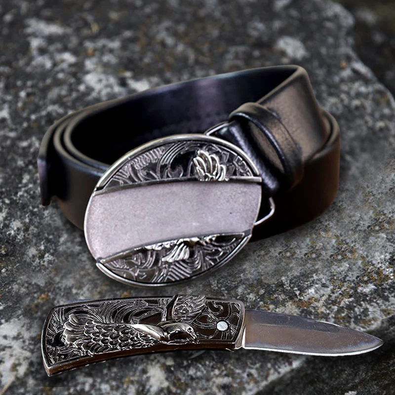 Classic Soaring Eagle Leather Belt With Folding Knife - Image 5