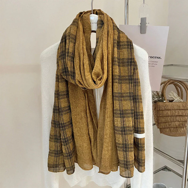 Soft Spring Linen Splicing Checked Thin Scarf - Image 11