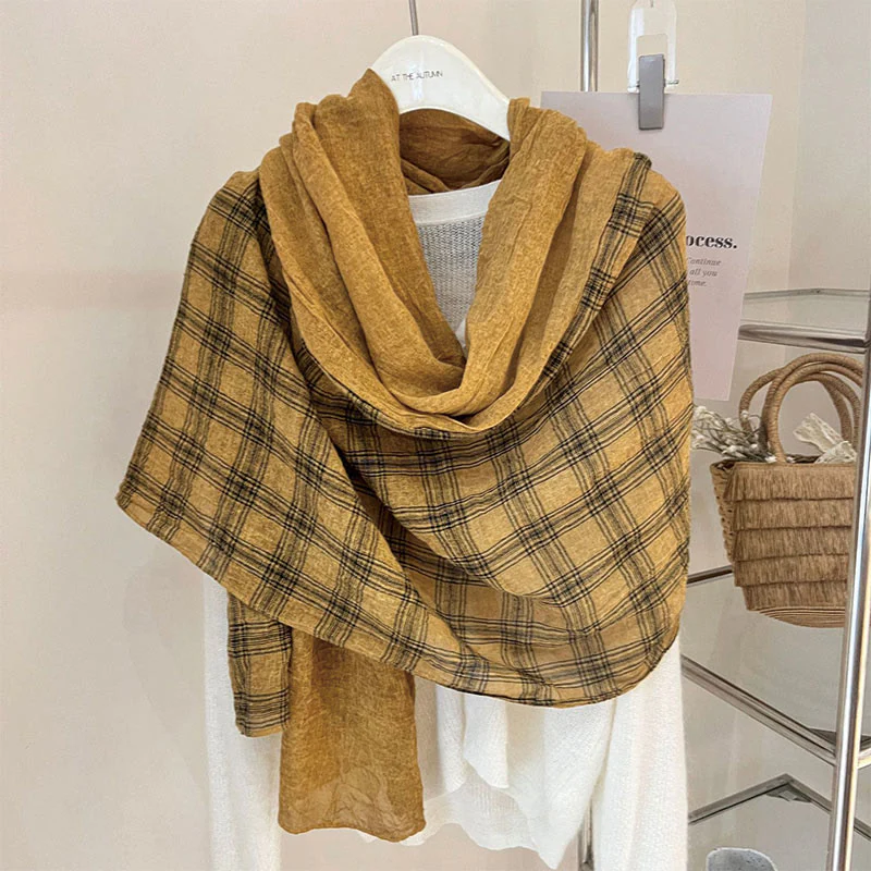 Soft Spring Linen Splicing Checked Thin Scarf - Image 12