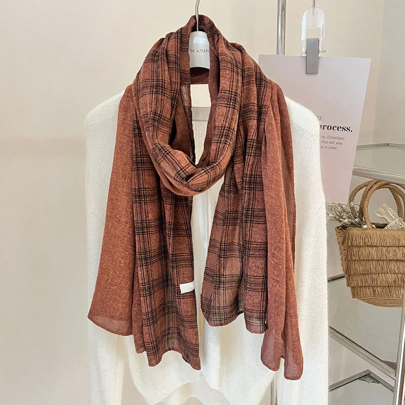 Soft Spring Linen Splicing Checked Thin Scarf - Image 13