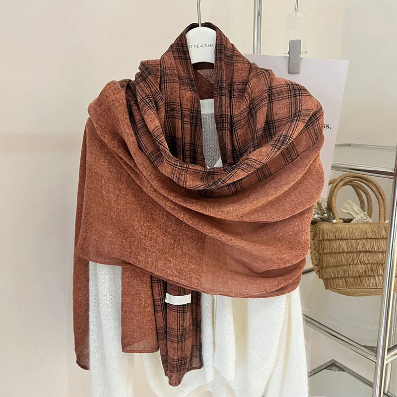 Soft Spring Linen Splicing Checked Thin Scarf - Image 14