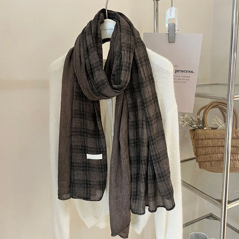 Soft Spring Linen Splicing Checked Thin Scarf - Image 17