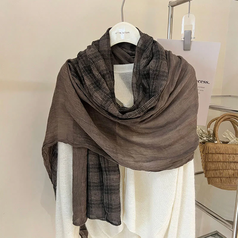 Soft Spring Linen Splicing Checked Thin Scarf - Image 18