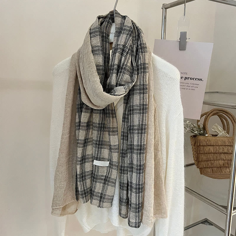 Soft Spring Linen Splicing Checked Thin Scarf - Image 2