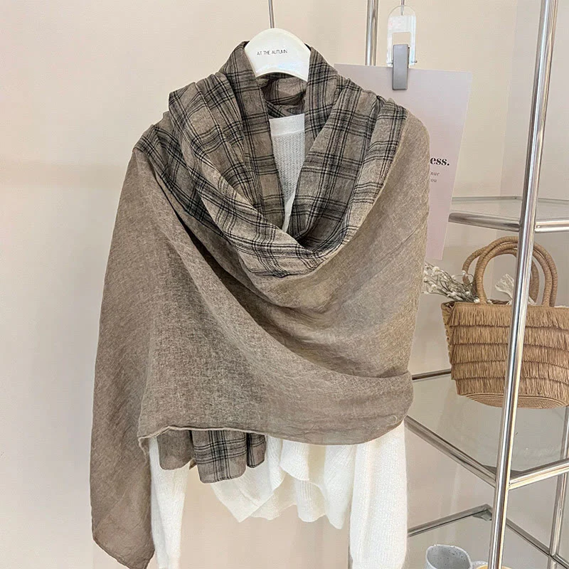 Soft Spring Linen Splicing Checked Thin Scarf - Image 22
