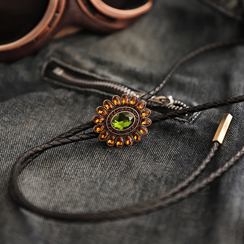 Solar Orange Green Crystal Flower Bolo Tie - Image 2