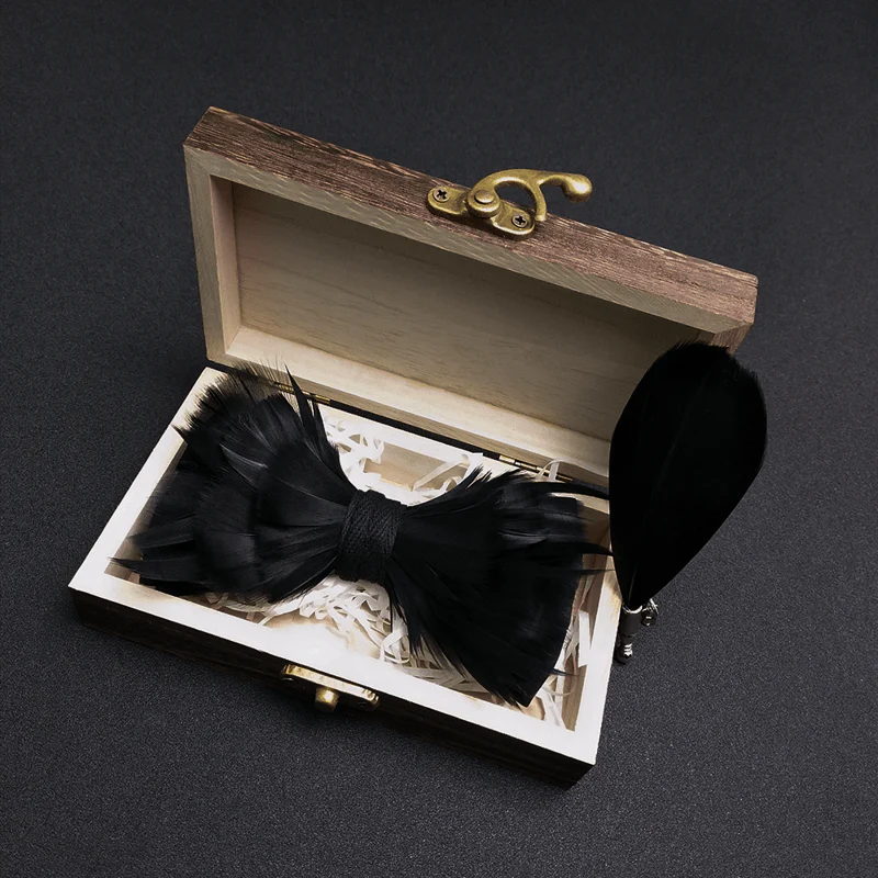 Solid Black Feather Bow Tie with Lapel Pin - Image 2