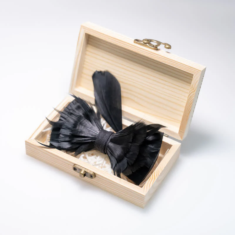 Solid Black Feather Bow Tie with Lapel Pin - Image 3