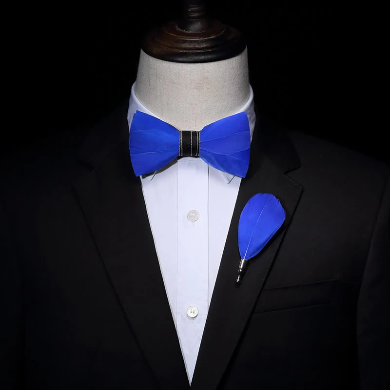 Solid Blue Mature Feather Bow Tie with Lapel Pin - Image 2