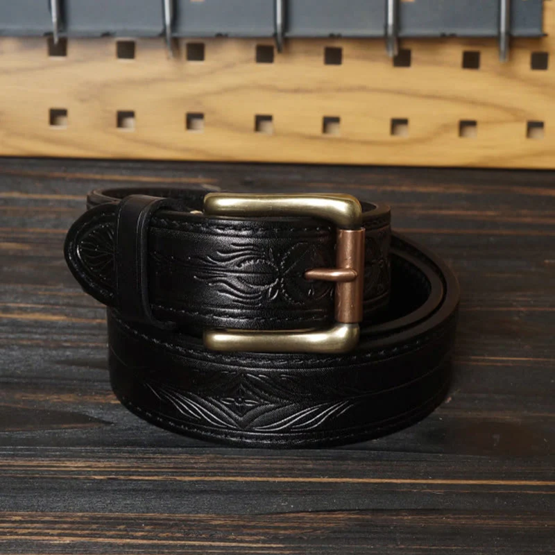 Solid Brass Buckle Western Embossed Flower Leather Belt - Image 10