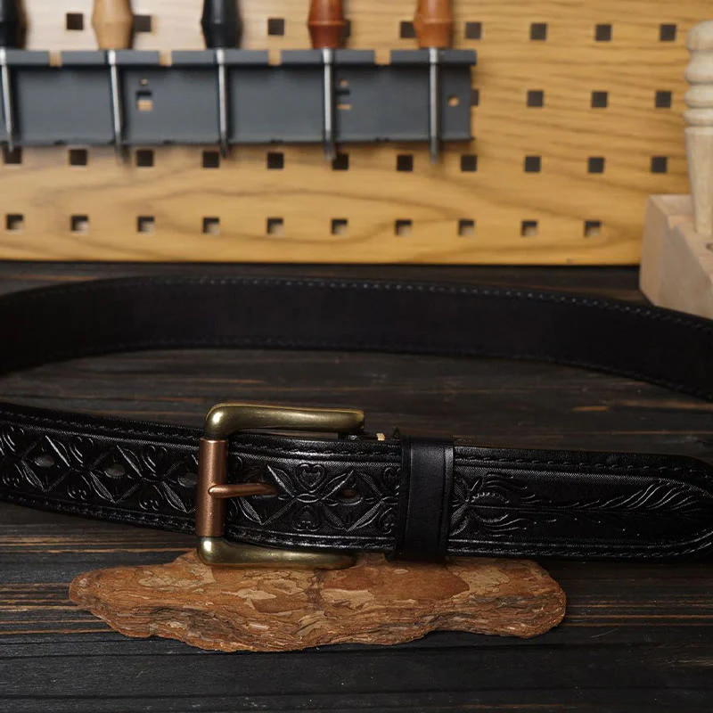 Solid Brass Buckle Western Embossed Flower Leather Belt - Image 12