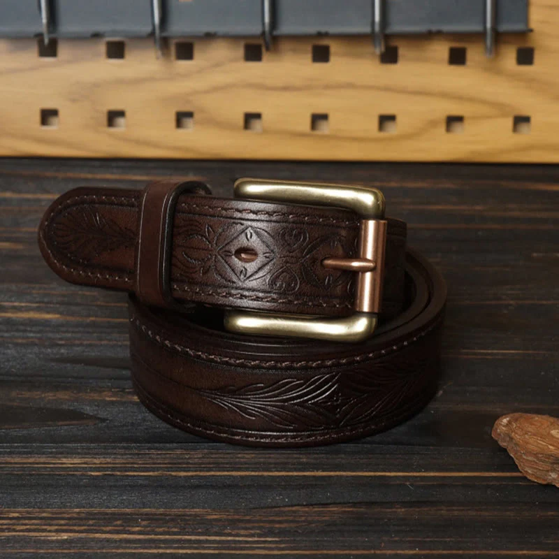 Solid Brass Buckle Western Embossed Flower Leather Belt - Image 7
