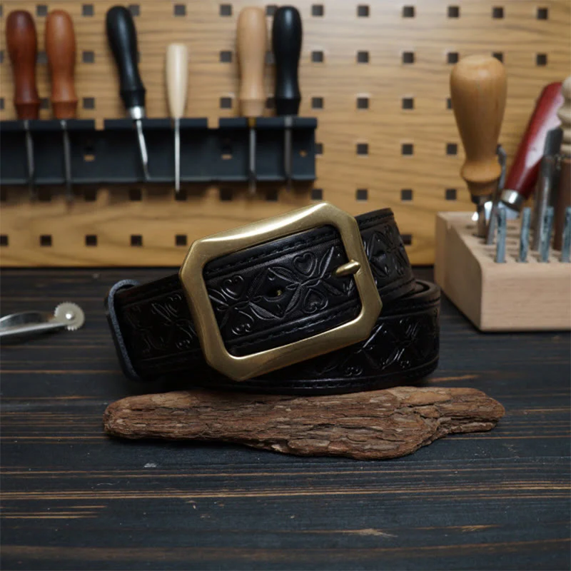Solid Brass Buckle Western Stitched Leather Belt - Image 10