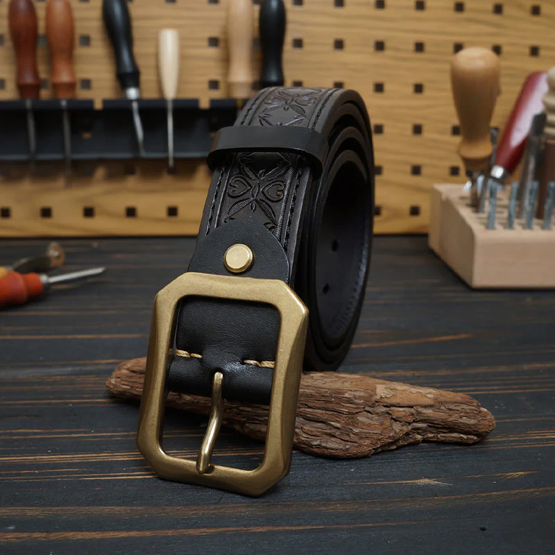 Solid Brass Buckle Western Stitched Leather Belt - Image 11