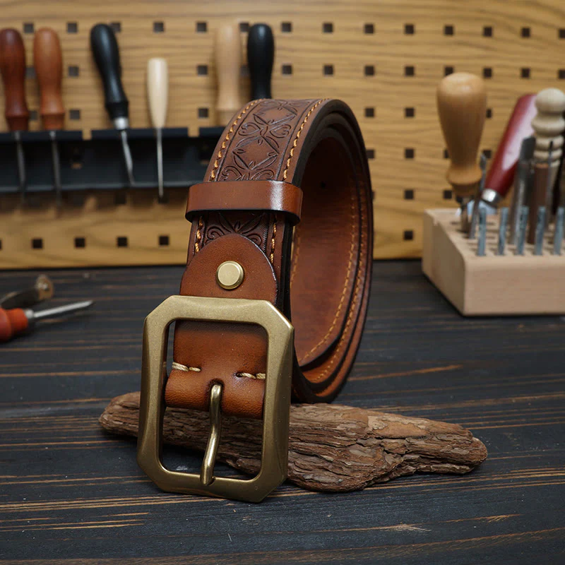 Solid Brass Buckle Western Stitched Leather Belt - Image 2