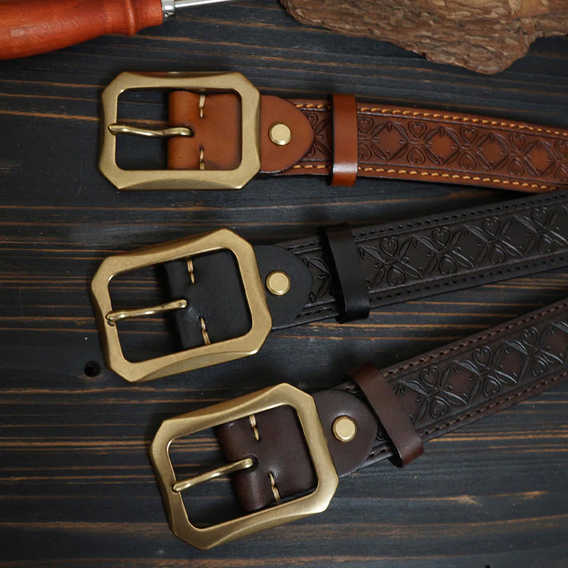 Solid Brass Buckle Western Stitched Leather Belt - Image 3