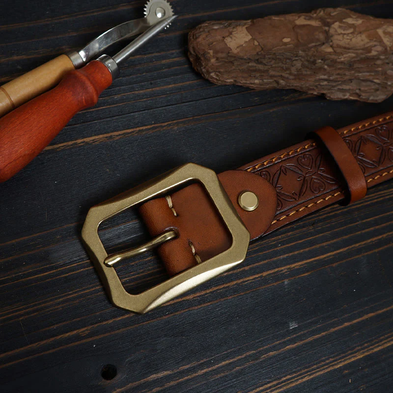 Solid Brass Buckle Western Stitched Leather Belt - Image 5