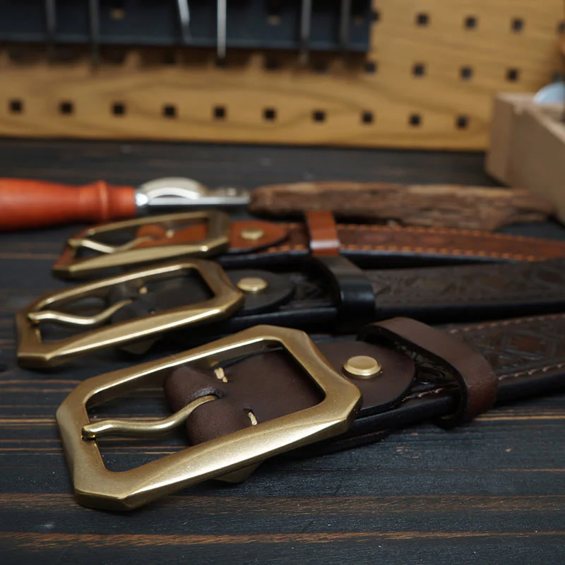 Solid Brass Buckle Western Stitched Leather Belt - Image 6