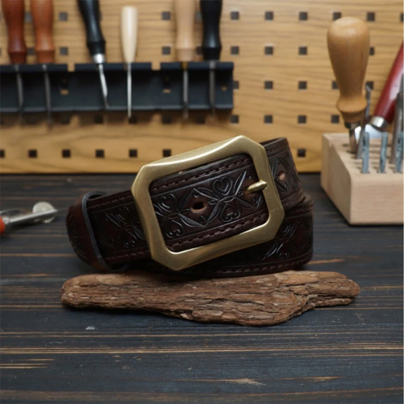 Solid Brass Buckle Western Stitched Leather Belt - Image 8