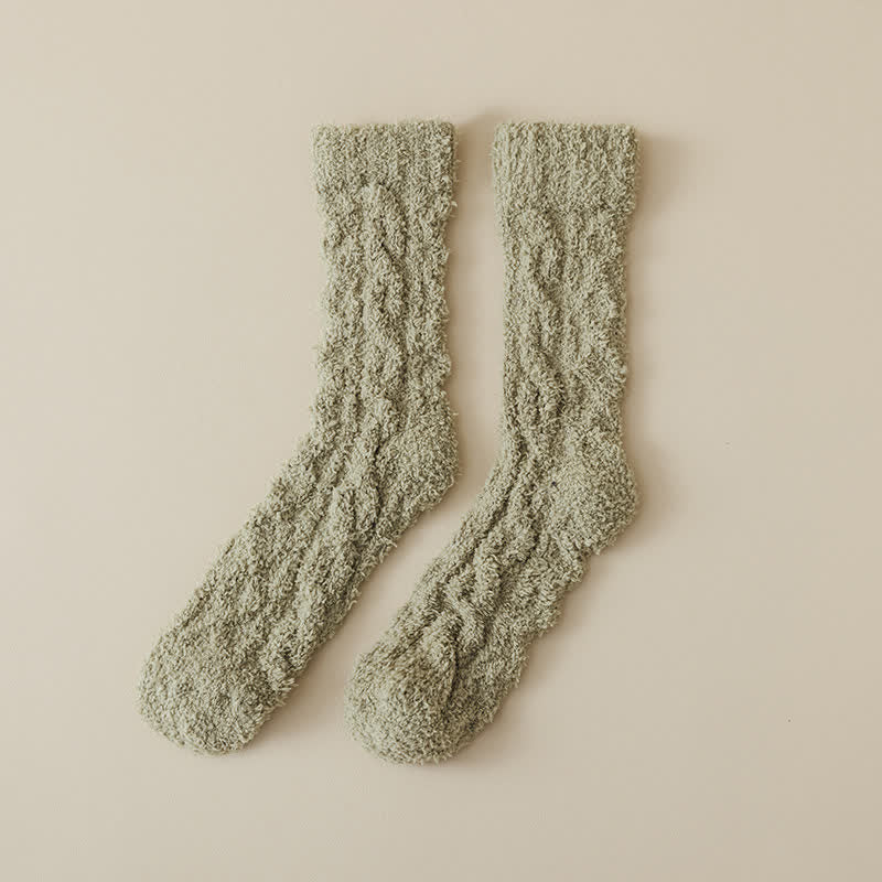 Solid Color Twisted Fuzzy Coral Fleece Sleep Crew Socks - Image 21